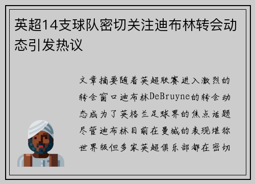 英超14支球队密切关注迪布林转会动态引发热议