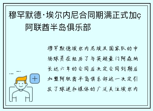 穆罕默德·埃尔内尼合同期满正式加盟阿联酋半岛俱乐部