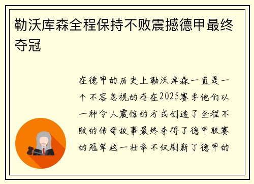 勒沃库森全程保持不败震撼德甲最终夺冠